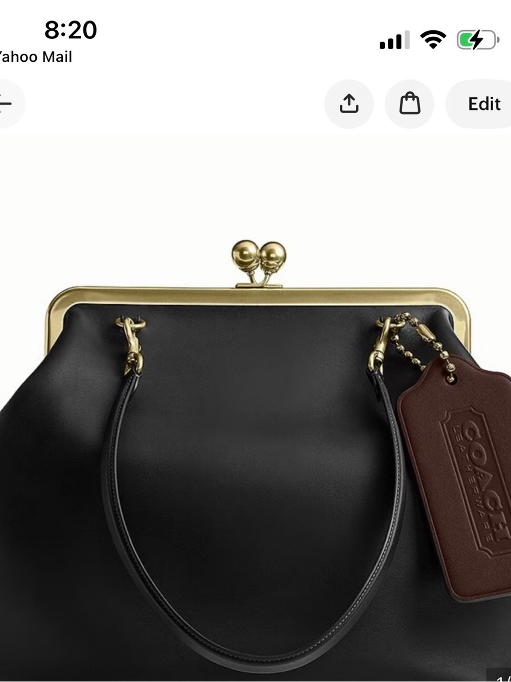 Coach Black Leather Satchel with Gold-Tone Frame and Brown Tag